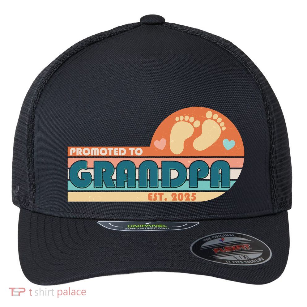 Retro Promoted To Grandpa Established 2025 Flexfit Unipanel Trucker Cap