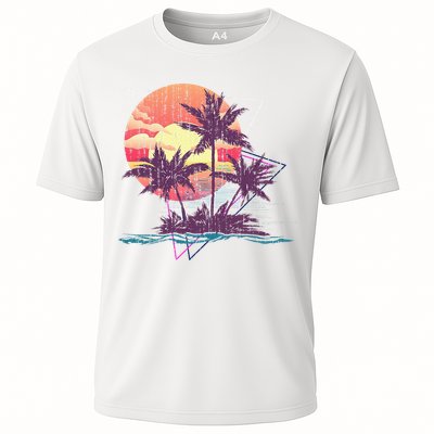 Retro Palm Trees Beach Sunset Tropical Summer Cooling Performance Crew T-Shirt