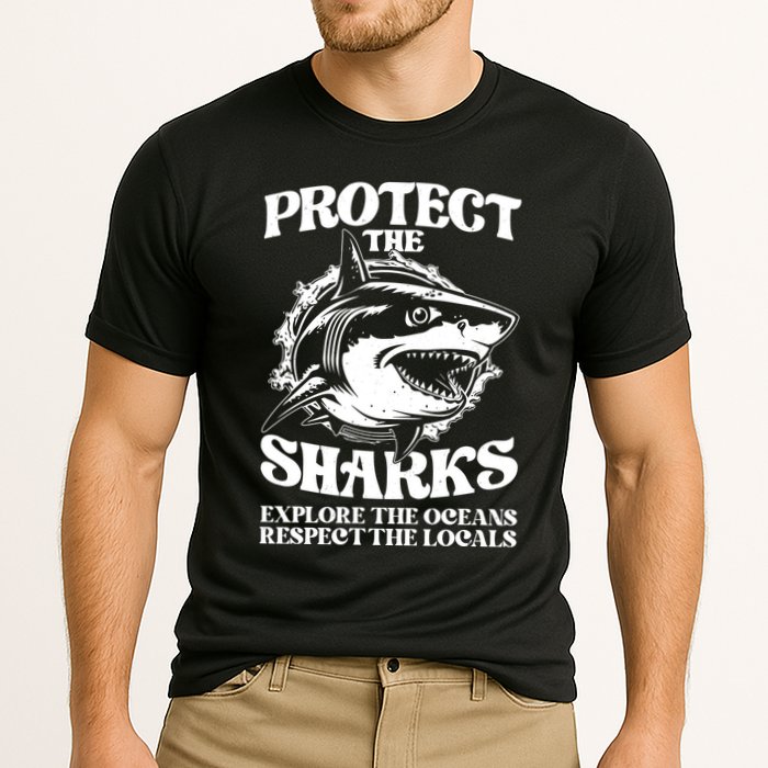 Retro Protect The Sharks Explore The Oceans Respect The Locals Shark Week Lover Performance Shirt