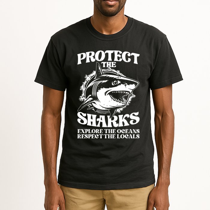 Retro Protect The Sharks Explore The Oceans Respect The Locals Shark Week Lover Tall T-Shirt