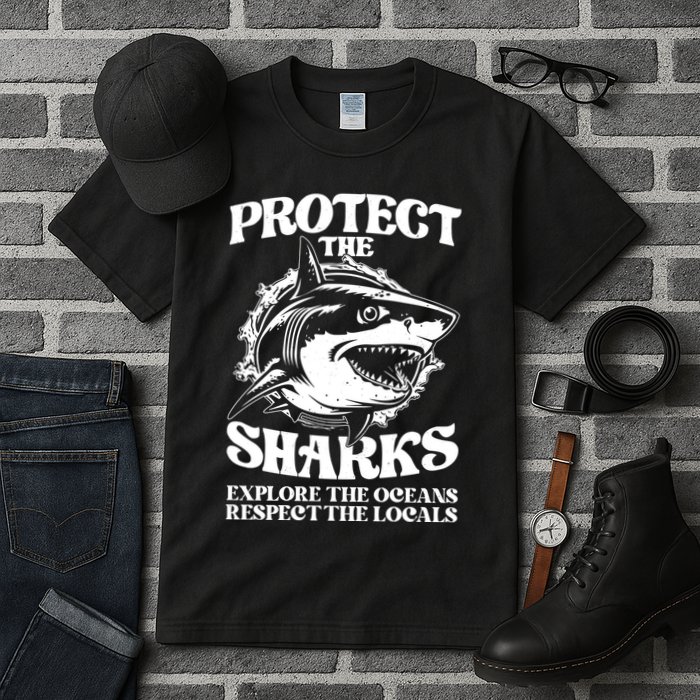 Retro Protect The Sharks Explore The Oceans Respect The Locals Shark Week Lover Tall T-Shirt