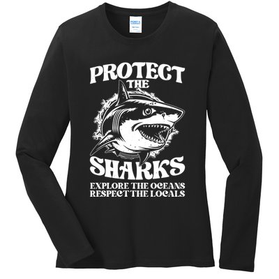 Retro Protect The Sharks Explore The Oceans Respect The Locals Shark Week Lover Ladies Long Sleeve Shirt