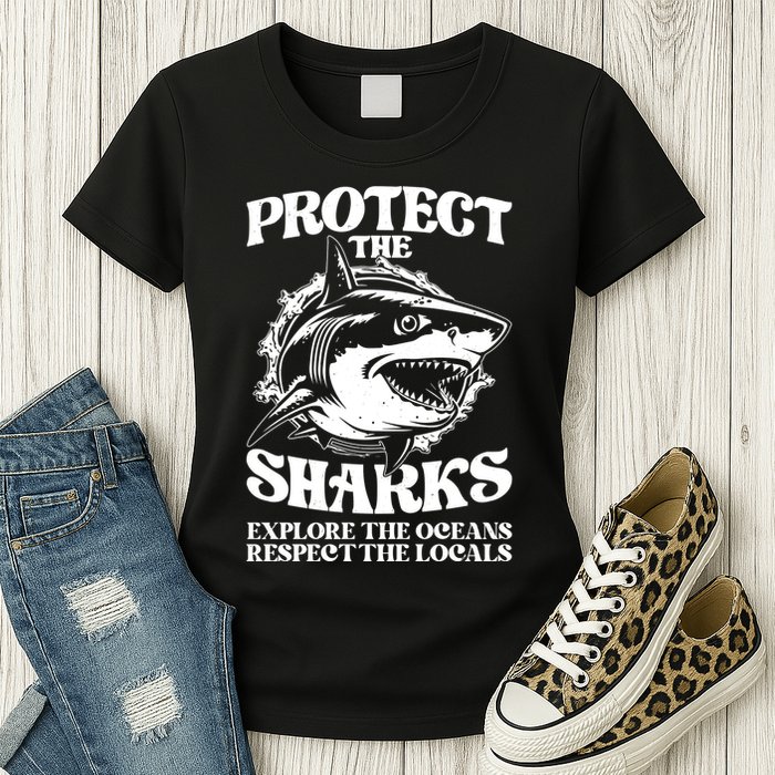 Retro Protect The Sharks Explore The Oceans Respect The Locals Shark Week Lover Womens T-Shirt