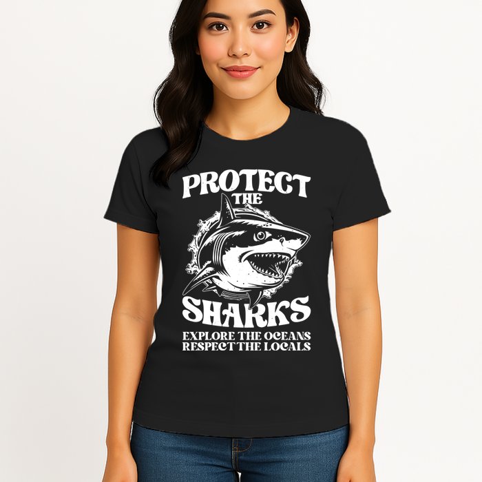 Retro Protect The Sharks Explore The Oceans Respect The Locals Shark Week Lover Womens T-Shirt