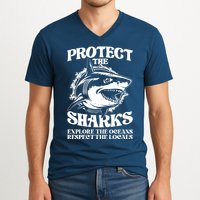 Retro Protect The Sharks Explore The Oceans Respect The Locals Shark Week Lover V-Neck T-Shirt