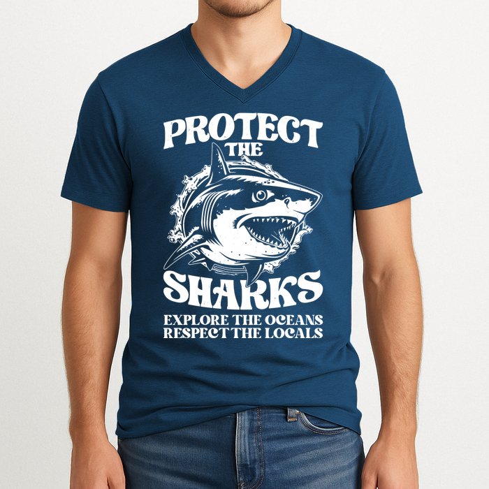 Retro Protect The Sharks Explore The Oceans Respect The Locals Shark Week Lover V-Neck T-Shirt
