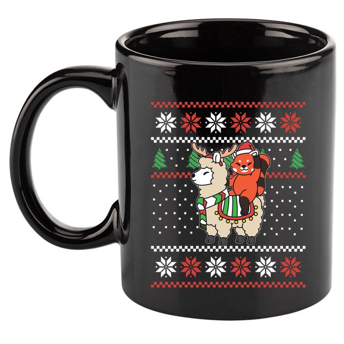 Red Panda Ugly Christmas Reindeer Llama Riding Funny Gift 11oz C Handle Ceramic Mug