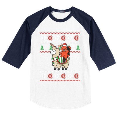 Red Panda Ugly Christmas Reindeer Llama Riding Funny Gift Baseball Sleeve Shirt