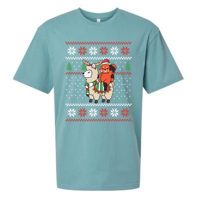 Red Panda Ugly Christmas Reindeer Llama Riding Funny Gift Sueded Cloud Jersey T-Shirt