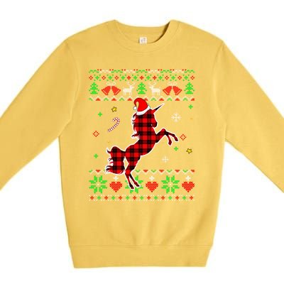 Red Plaid Ugly Sweater Christmas Animals Unicorn Lover Gift Premium Crewneck Sweatshirt