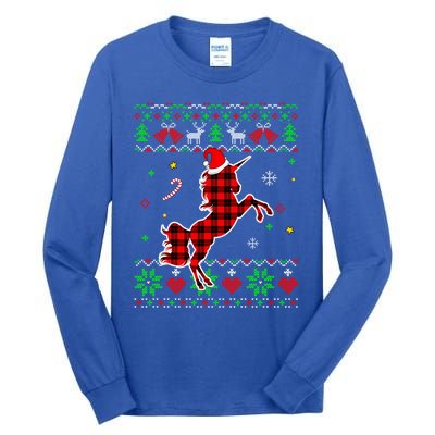 Red Plaid Ugly Sweater Christmas Animals Unicorn Lover Gift Tall Long Sleeve T-Shirt