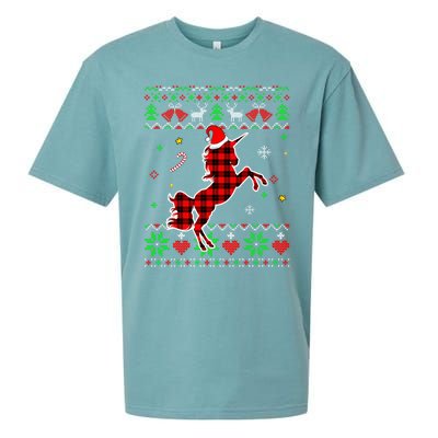 Red Plaid Ugly Sweater Christmas Animals Unicorn Lover Gift Sueded Cloud Jersey T-Shirt