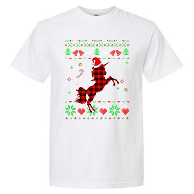 Red Plaid Ugly Sweater Christmas Animals Unicorn Lover Gift Garment-Dyed Heavyweight T-Shirt