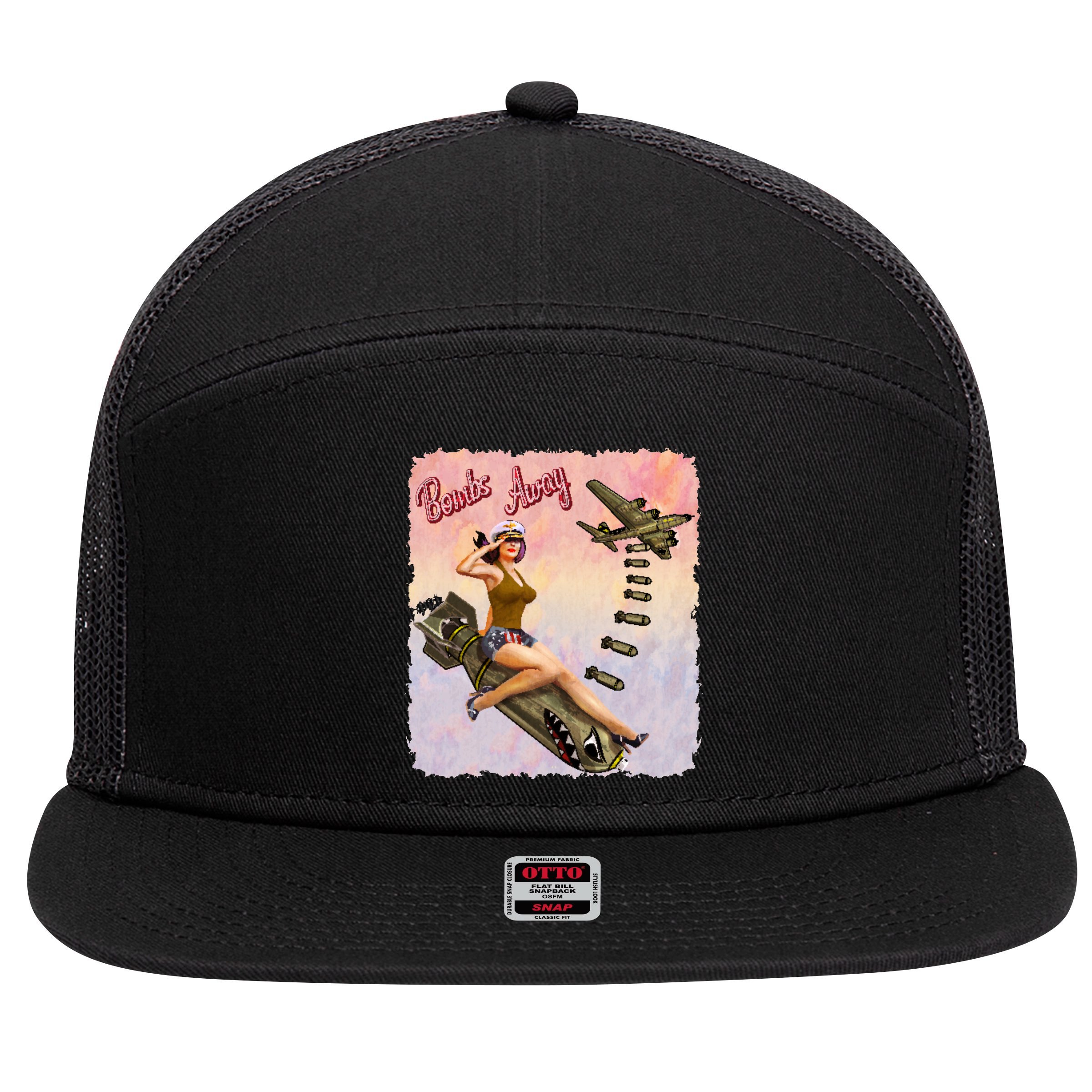 Retro Pin Up Girl Bombs Away Retro 7 Panel Mesh Trucker Snapback Hat