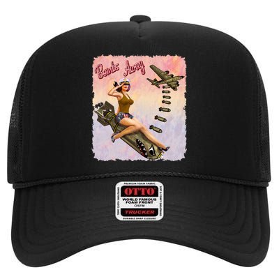 Retro Pin Up Girl Bombs Away Retro High Crown Mesh Back Trucker Hat