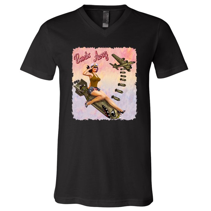 Retro Pin Up Girl Bombs Away Retro V-Neck T-Shirt