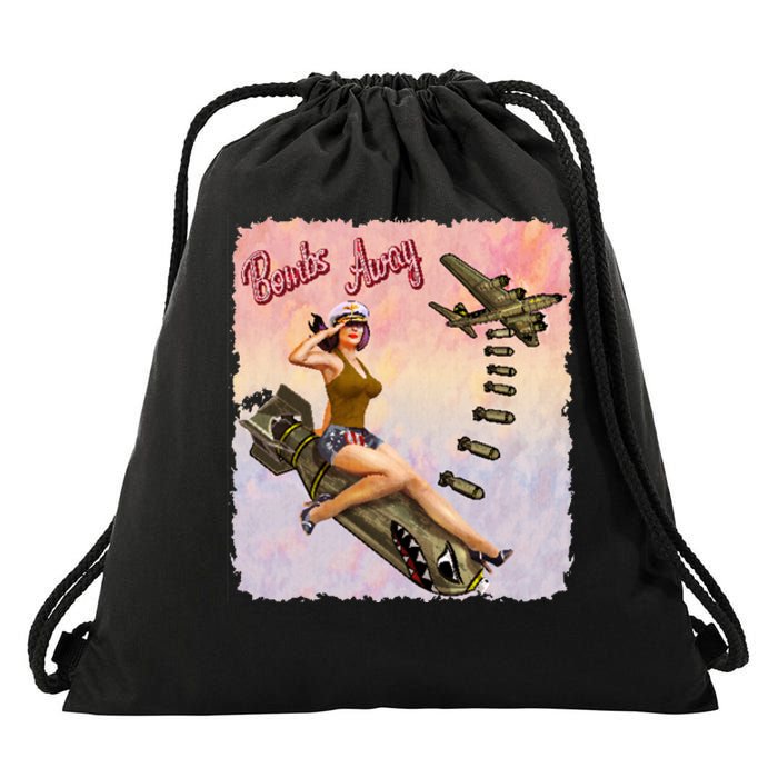 Retro Pin Up Girl Bombs Away Retro Drawstring Bag