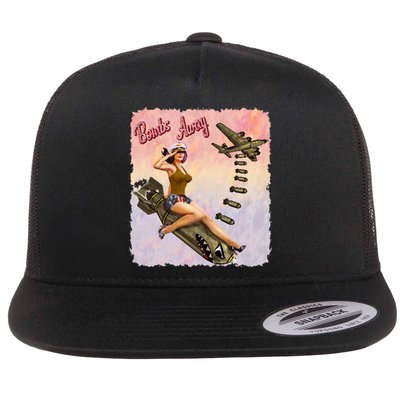 Retro Pin Up Girl Bombs Away Retro Flat Bill Trucker Hat