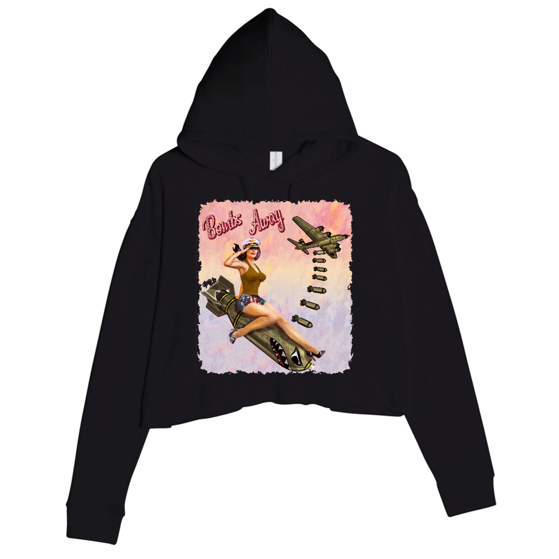 Retro Pin Up Girl Bombs Away Retro Crop Fleece Hoodie