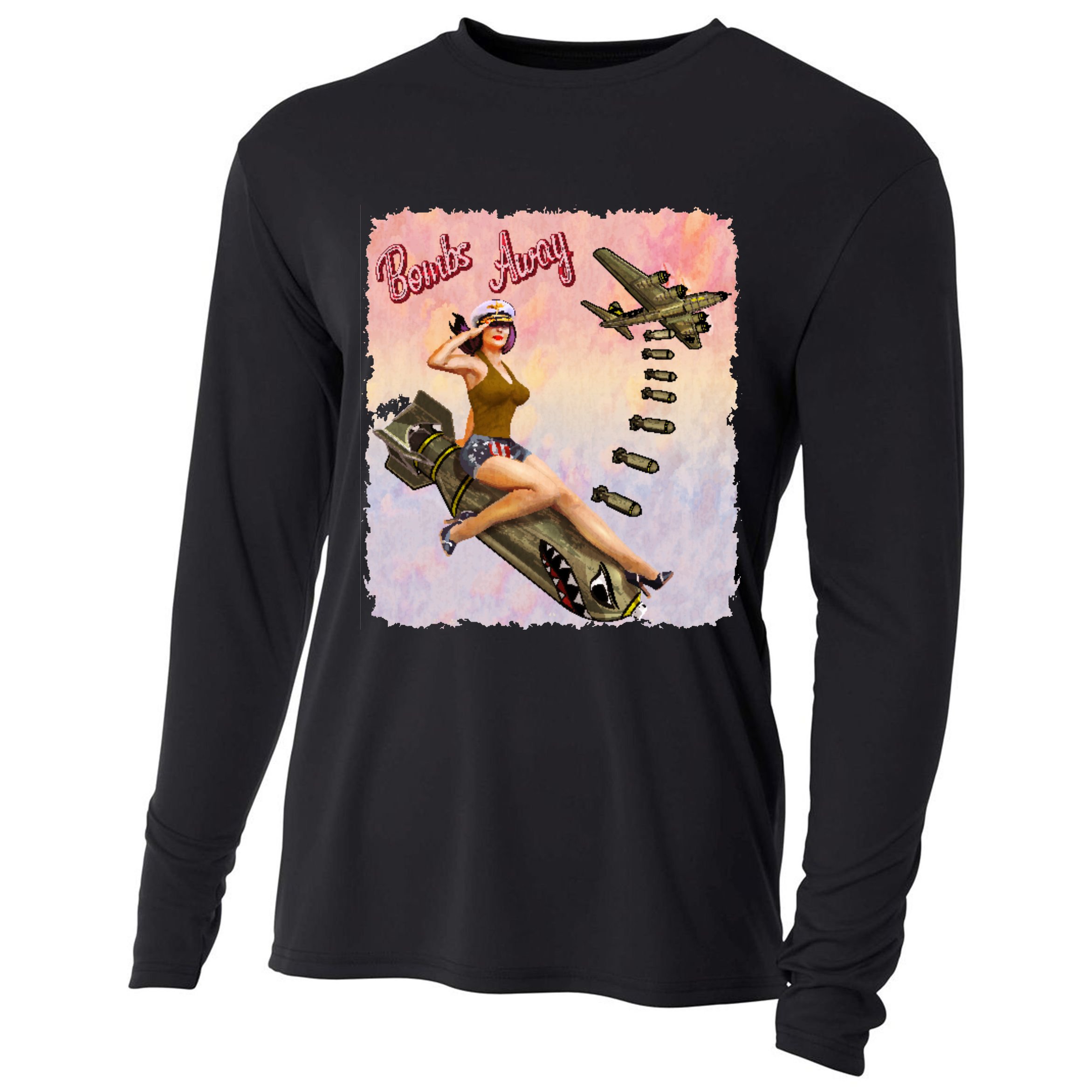 Retro Pin Up Girl Bombs Away Retro Cooling Performance Long Sleeve Crew