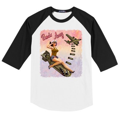 Retro Pin Up Girl Bombs Away Retro Baseball Sleeve Shirt