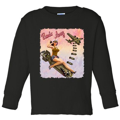 Retro Pin Up Girl Bombs Away Retro Toddler Long Sleeve Shirt