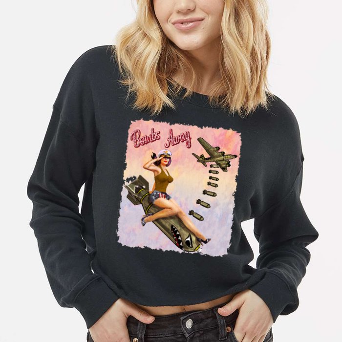 Retro Pin Up Girl Bombs Away Retro Cropped Pullover Crew