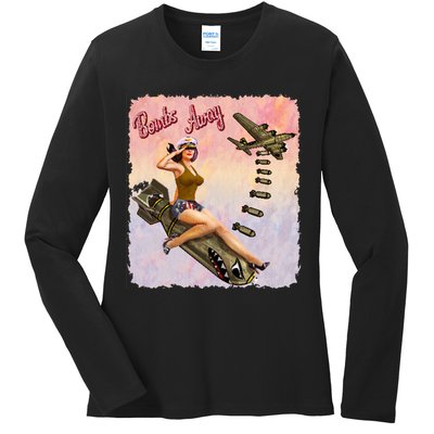 Retro Pin Up Girl Bombs Away Retro Ladies Long Sleeve Shirt