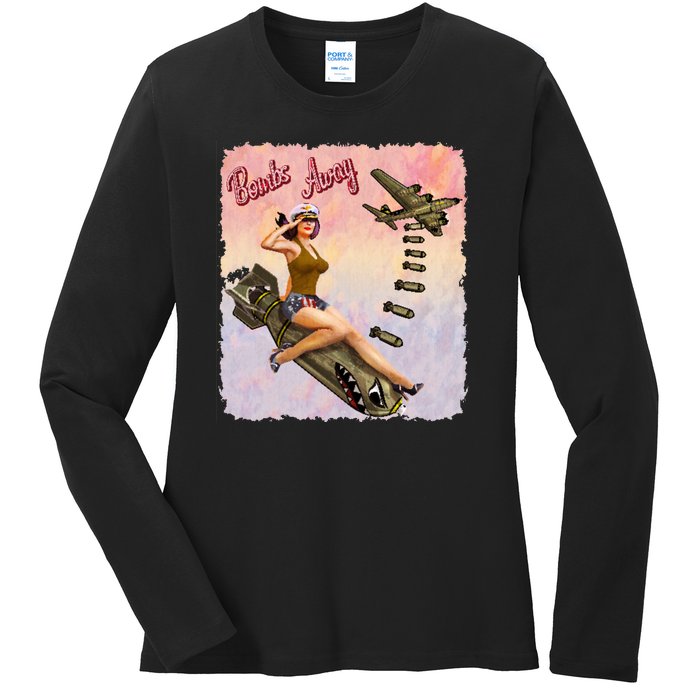 Retro Pin Up Girl Bombs Away Retro Ladies Long Sleeve Shirt