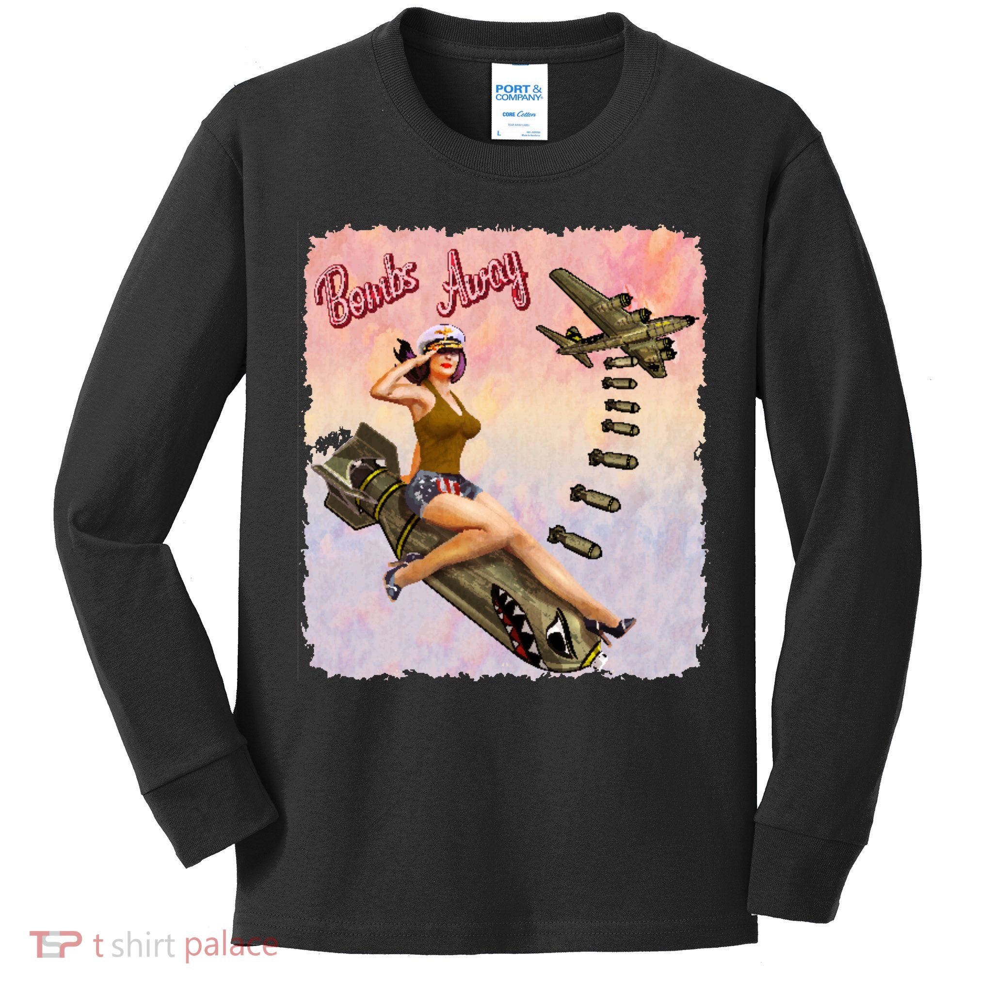 Retro Pin Up Girl Bombs Away Retro Kids Long Sleeve Shirt