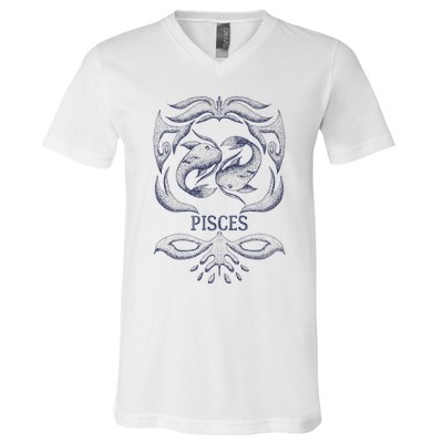 Retro Pisces Zodiac Birthday Gift Vintage Pisces Sign V-Neck T-Shirt