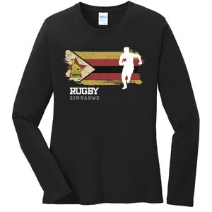 Rugby Player Zimbabwe Flag Sports Ball Rugby Ladies Long Sleeve Shirt