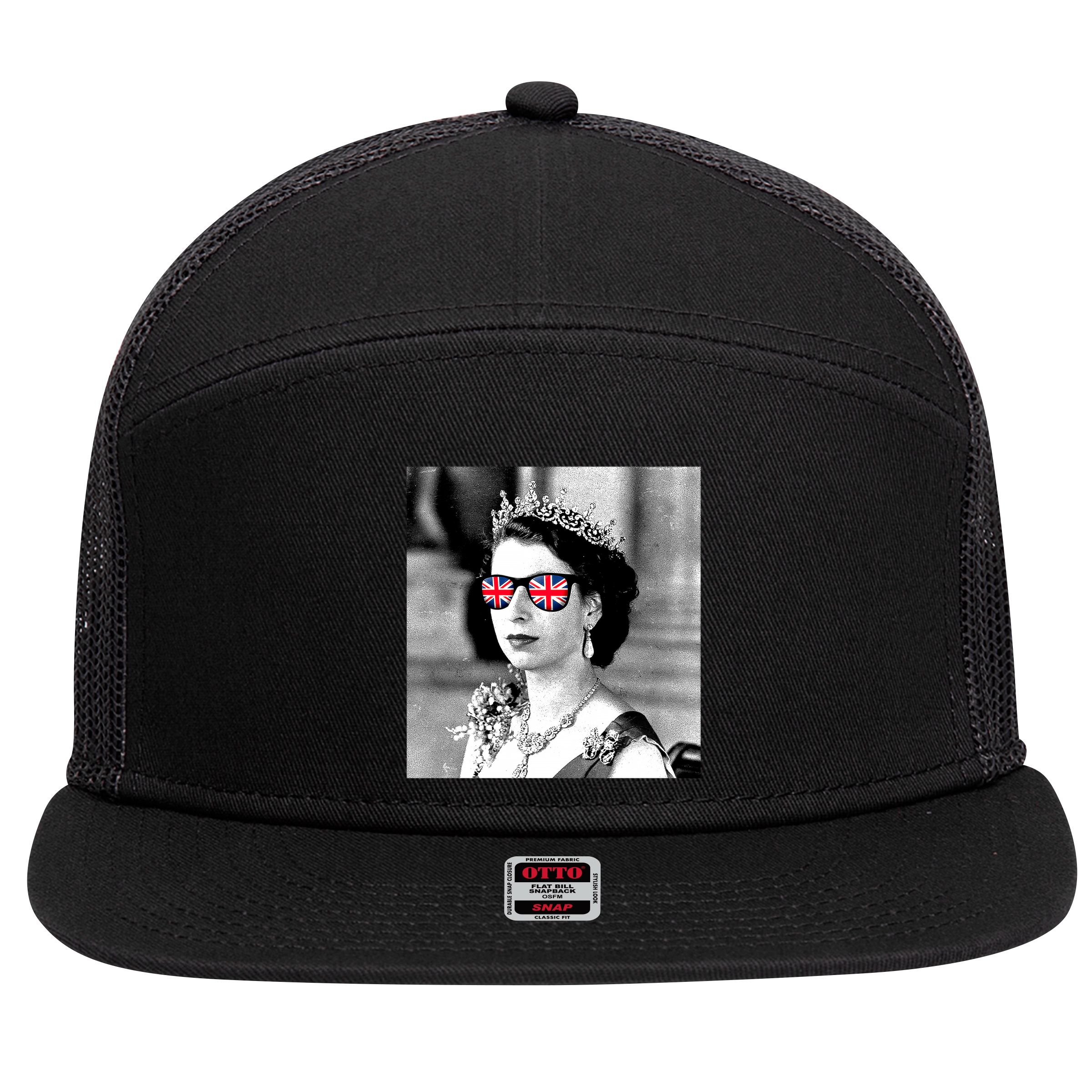 RIP Queen Elizabeth British Flag Sunglasses 7 Panel Mesh Trucker Snapback Hat
