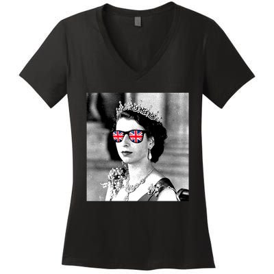 RIP Queen Elizabeth British Flag Sunglasses Women's V-Neck T-Shirt