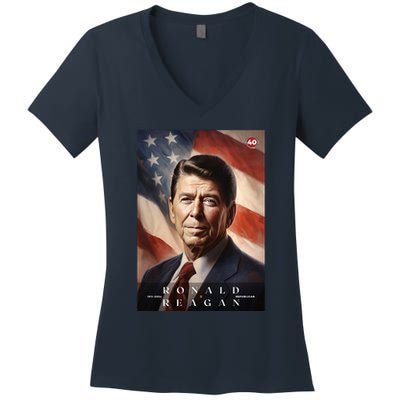 Ronald Reagan 40th President Of The United States Portrait Women's V-Neck T-Shirt