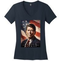 Ronald Reagan 40th President Of The United States Portrait Women's V-Neck T-Shirt