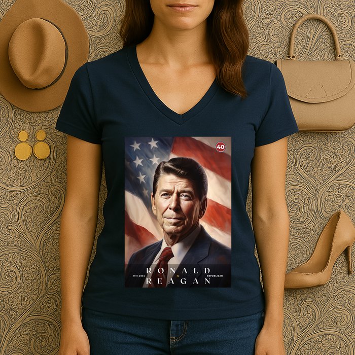 Ronald Reagan 40th President Of The United States Portrait Women's V-Neck T-Shirt