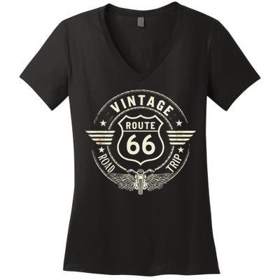 Retro Route 66 Road Trip Vintage Adventure Women's V-Neck T-Shirt