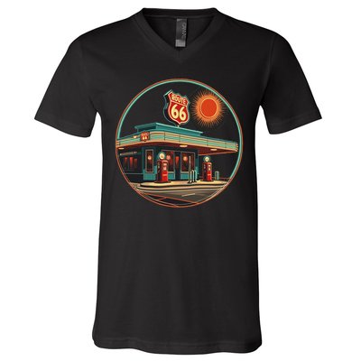 Retro Route 66 Road Trip Vintage Adventure V-Neck T-Shirt