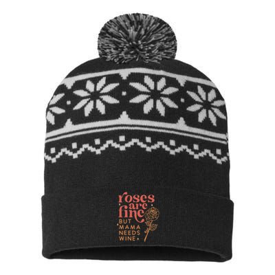 Retro Roses Are Fine But Mama Needs Wine Valentine's Day USA-Made Snowflake Beanie