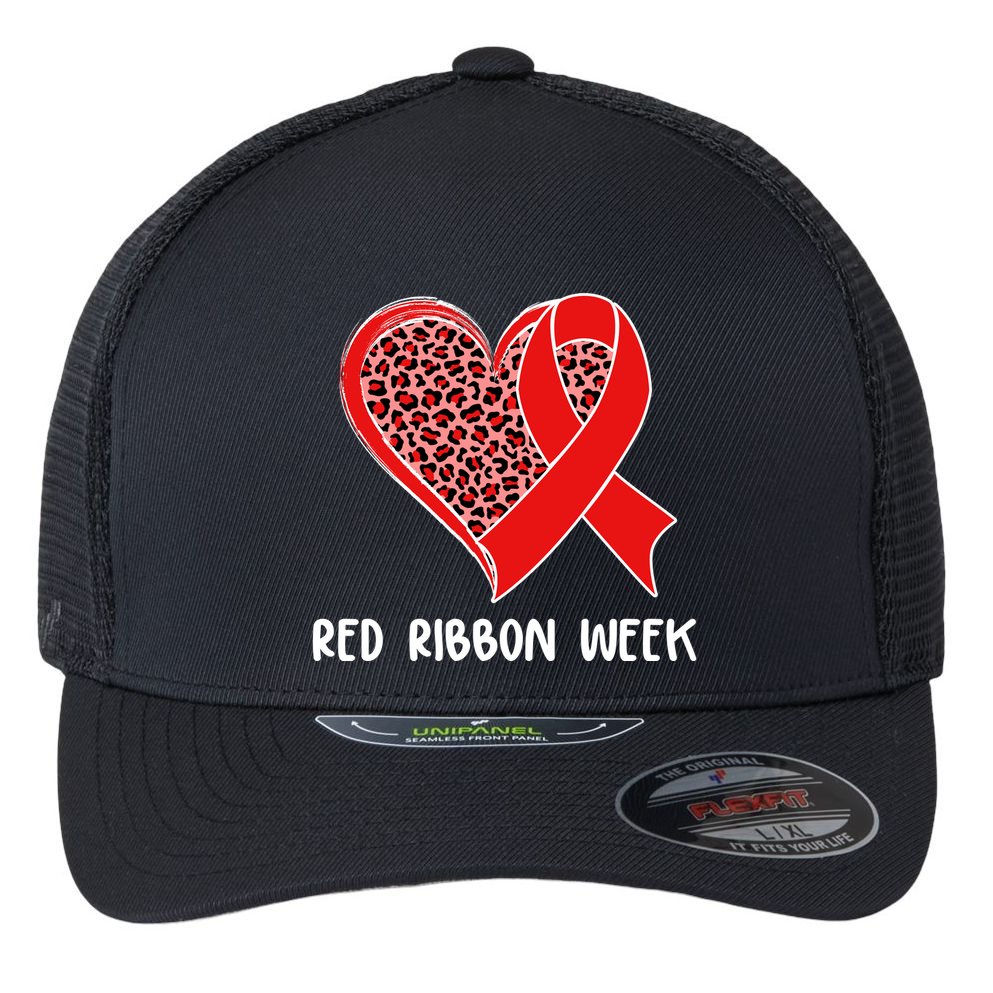 Red Ribbon Awareness Week Leopard Print Heart Flexfit Unipanel Trucker Cap