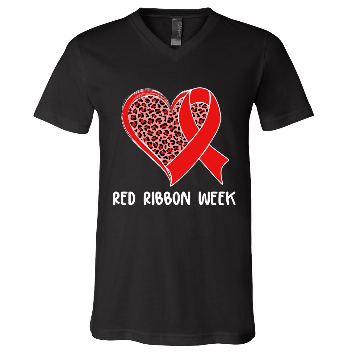 Red Ribbon Awareness Week Leopard Print Heart V-Neck T-Shirt