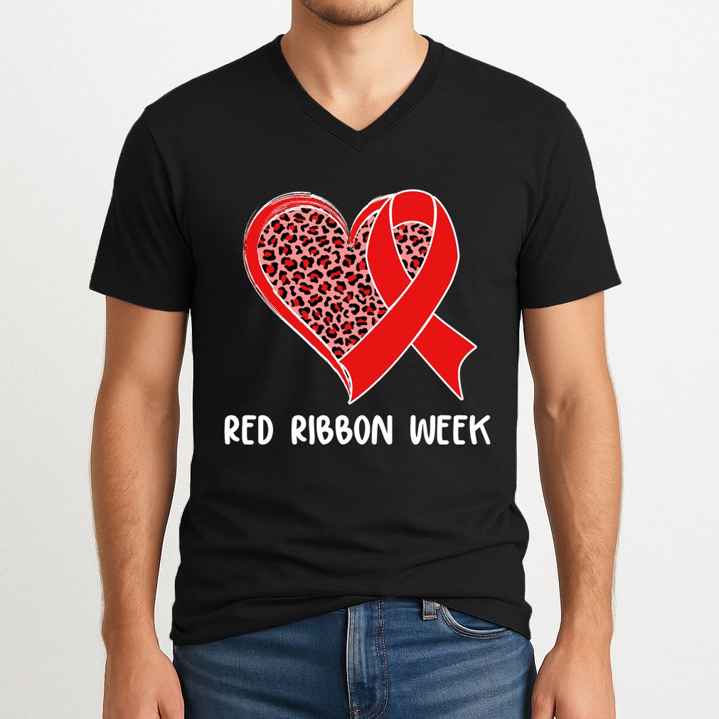 Red Ribbon Awareness Week Leopard Print Heart V-Neck T-Shirt