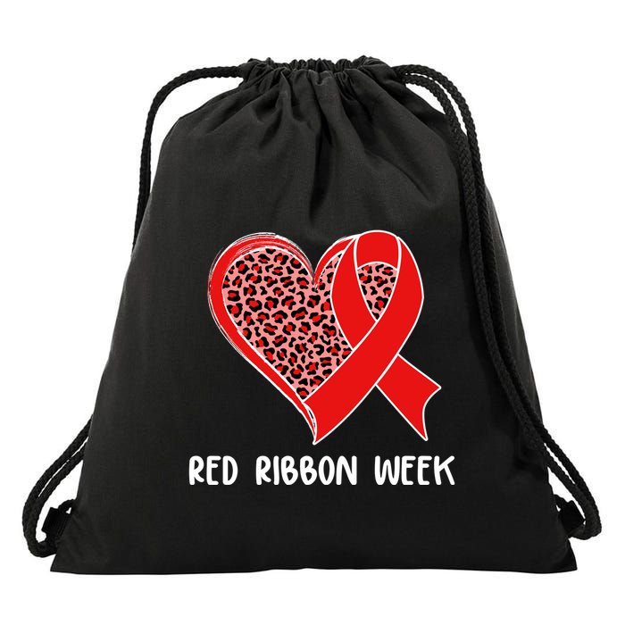 Red Ribbon Awareness Week Leopard Print Heart Drawstring Bag