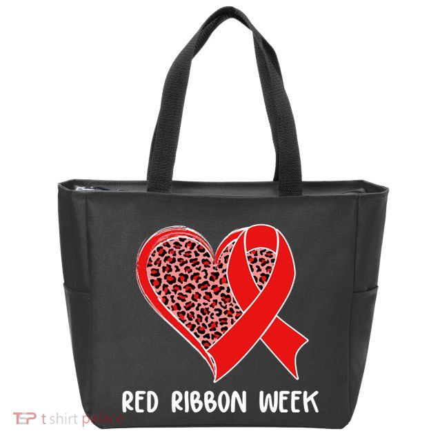 Red Ribbon Awareness Week Leopard Print Heart Zip Tote Bag
