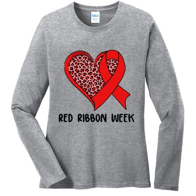 Red Ribbon Awareness Week Leopard Print Heart Ladies Long Sleeve Shirt
