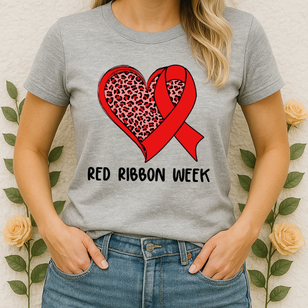 Red Ribbon Awareness Week Leopard Print Heart Womens T-Shirt