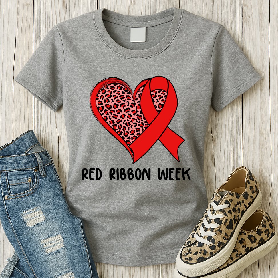 Red Ribbon Awareness Week Leopard Print Heart Womens T-Shirt