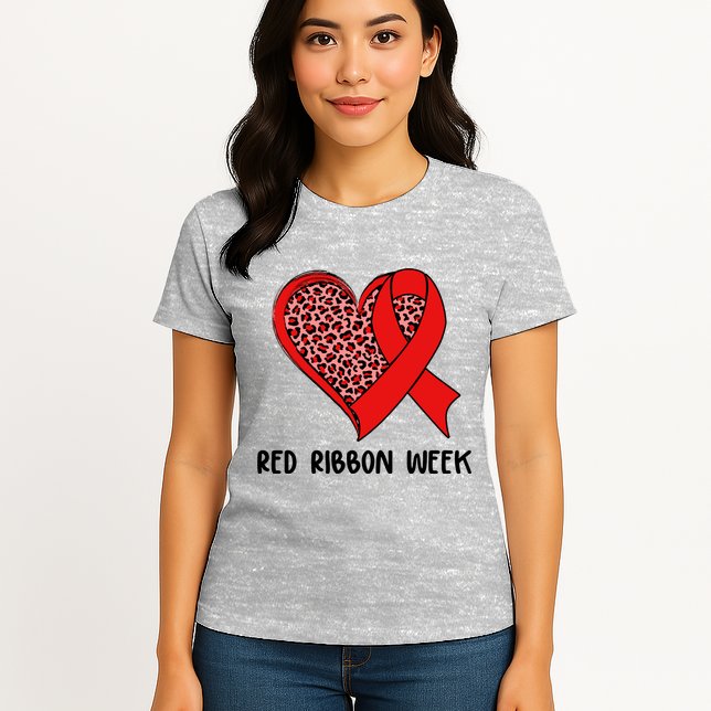 Red Ribbon Awareness Week Leopard Print Heart Womens T-Shirt