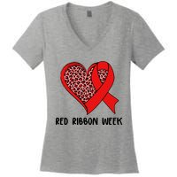 Red Ribbon Awareness Week Leopard Print Heart Women's V-Neck T-Shirt
